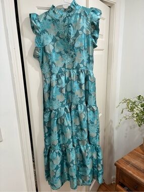 Teal Floral Ruffle Tiered Midi Dress